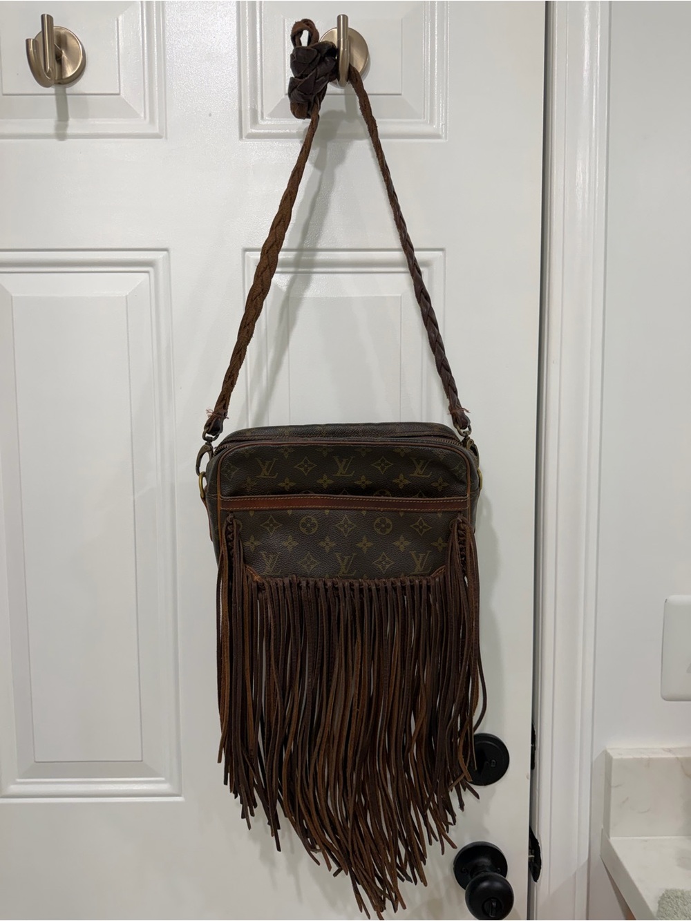 Vintage Boho Louis Vuitton Fringed Monogram Crossbody Bag in Dark Brown